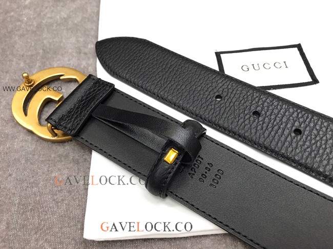 Gucci '70 Black Leather Belt Interlocking Brass G Buckle